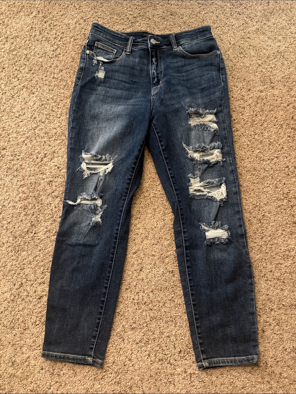 Women’s Distressed Dark Blue Jeans - Classic Slim Fit